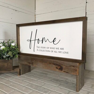 Home the story of who we are, a collection of all we love, wall art, modern farmhouse sign, framed wooden sign, home decor - image3